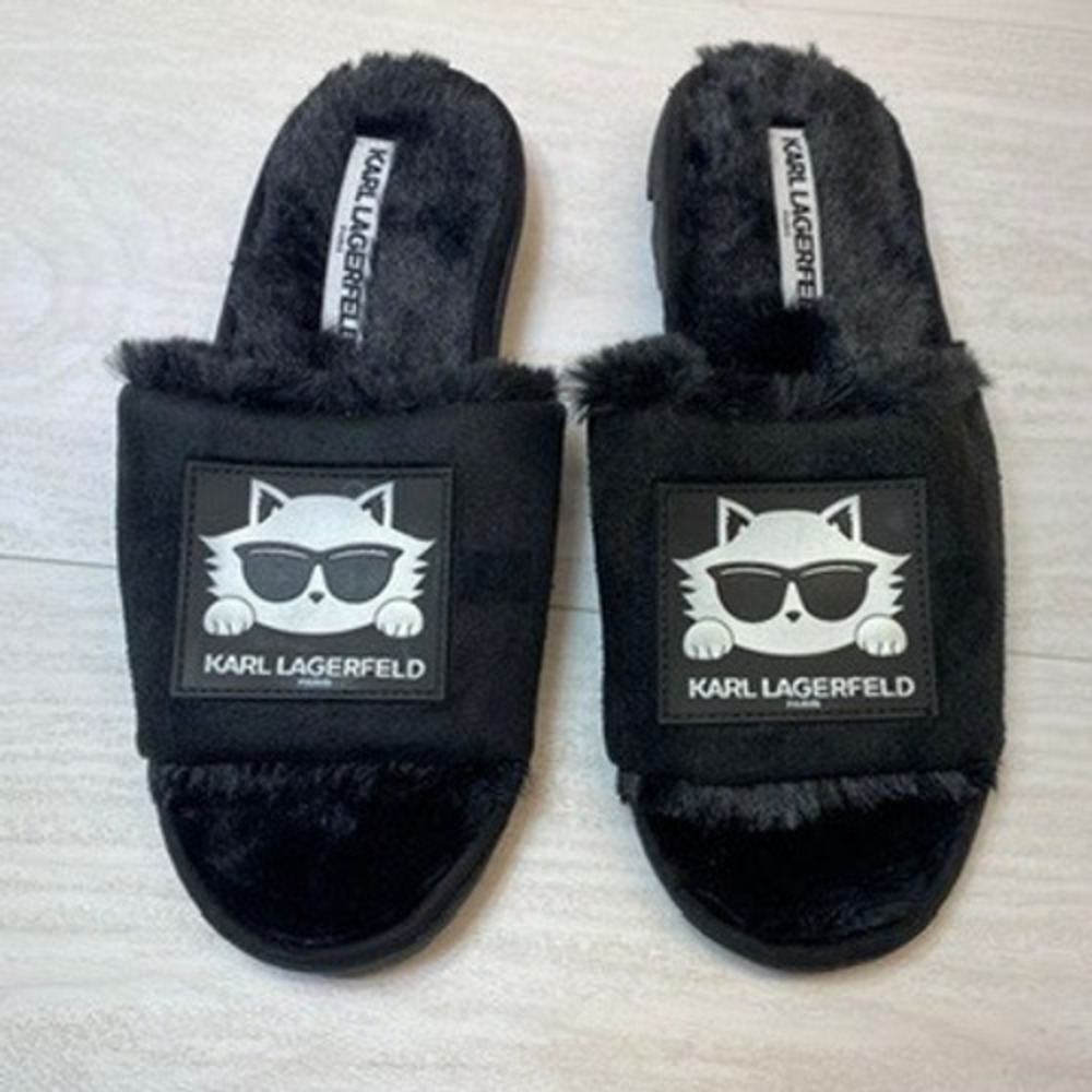 Karl Lagerfeld Womens 7 Slippers Jianna Choupette Black Faux Fur Slide Sandals